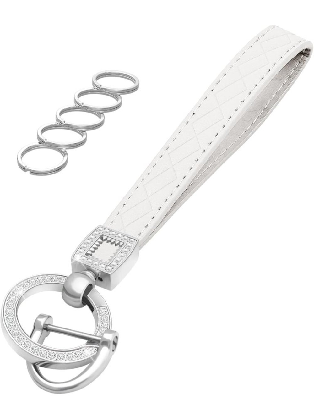 Women's White Car Keys Loop Cross-Hatched Key Holder Leather Wristlet Keychain